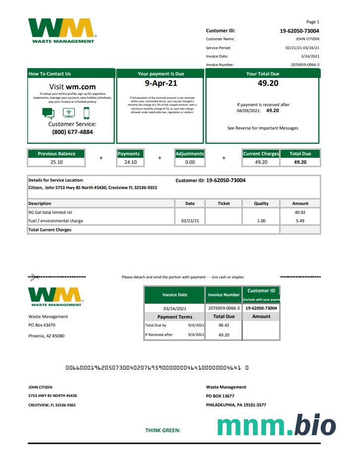 Szablon wyciągu bankowego USA Waste Management w formacie Word i PDF, dobry do udowodnienia adresu